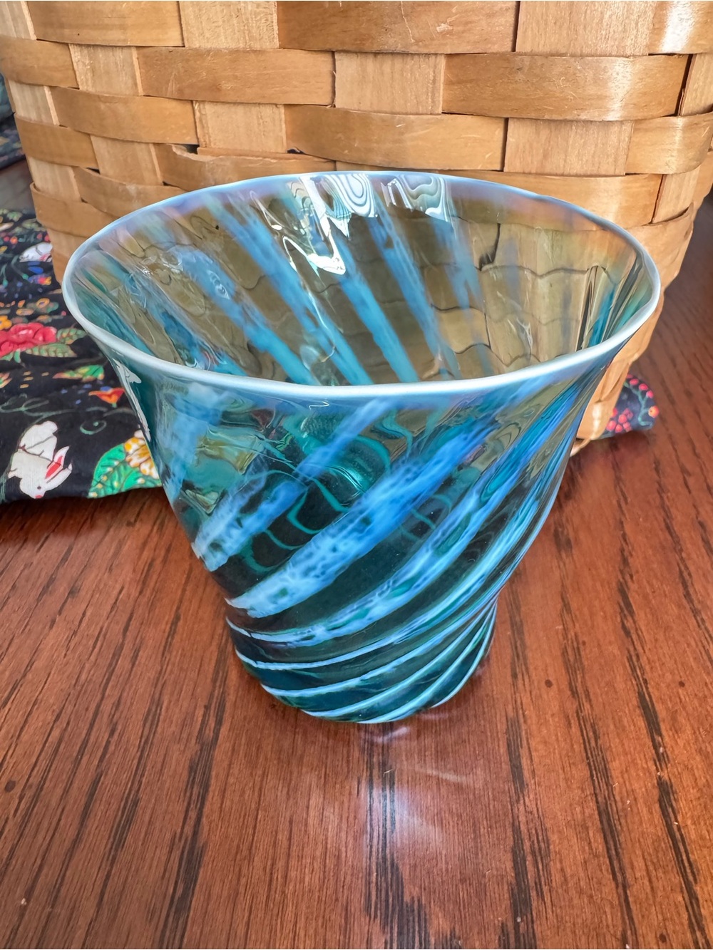 Fostoria Homespun Drinking Glass Vintage Blue Opalescent Tumbler MCM Swirl Teal